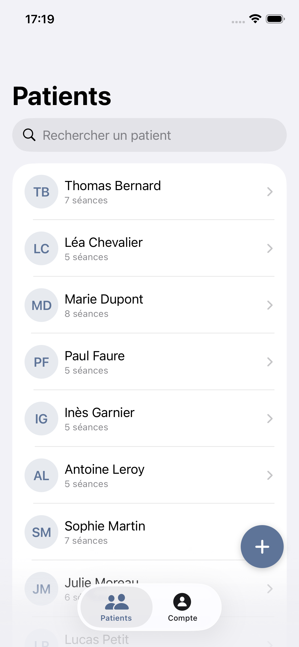 Liste des patients dans PsyNotes