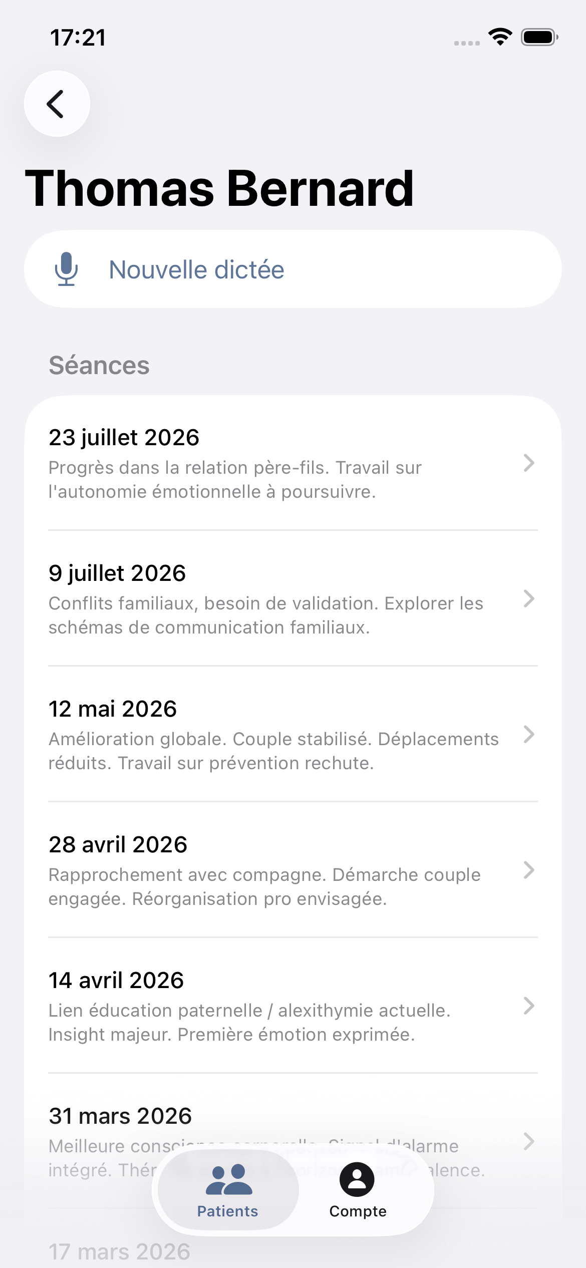 Séances d’un patient dans PsyNotes
