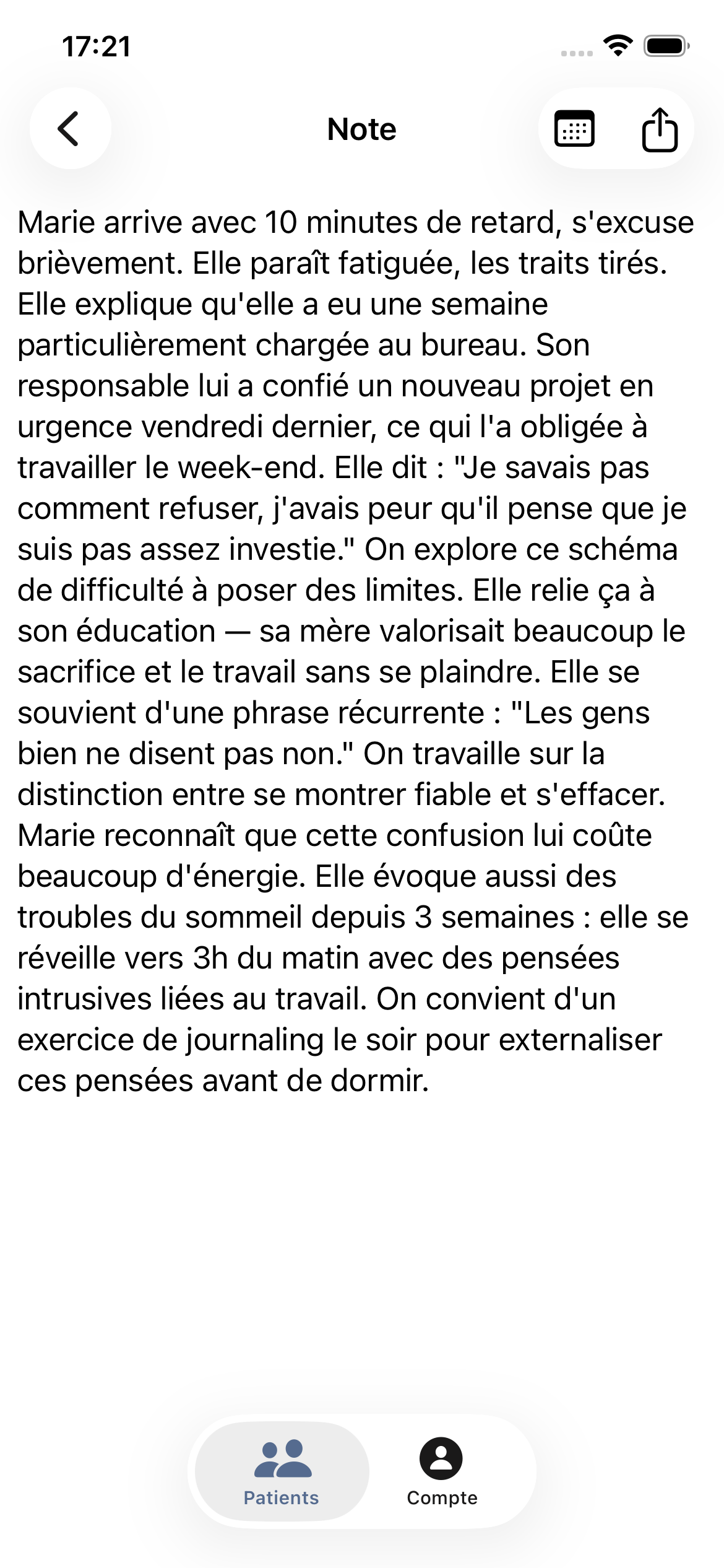 Note transcrite dans PsyNotes